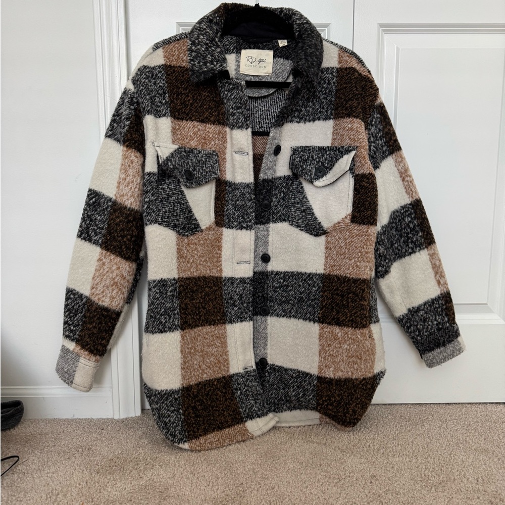 RD Style Women’s Cream, Brown, and Black Plaid Button Down Jacket